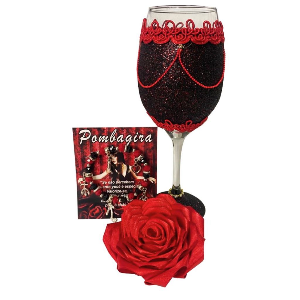 Kit Luxo Pomba Gira Taça Personalizada + Rosa de Cetim c/ presilha + Pulseira c/ pingentes Umbanda Candomblé