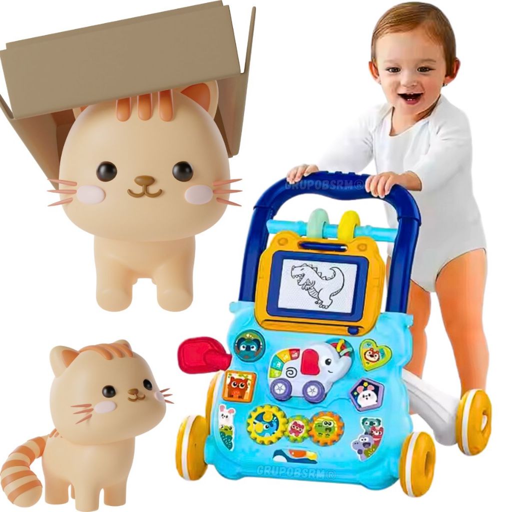 Kit 4 em 1 andador carrinho de passeio infantil bebê carro de empurrar + brinquedos educativos presente dia das crianças