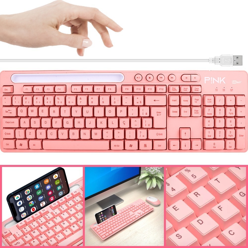 Teclado Rosa Keyboard Br Com Ç Plug And Play Para Desktop Pc Idioma Português Brasil Cor De Teclado Rosa