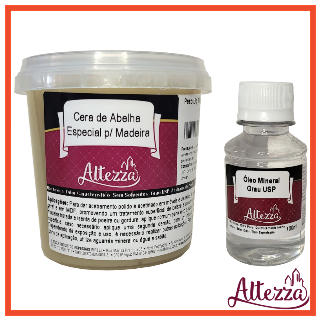 Kit Cera Pasta Abelha Para Madeira 350g + Oleo Mineral Usp 100ml - Para Selar e Hidratar Tábua de Corte Carne Churrasco