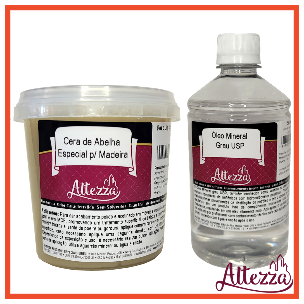 Kit Cera Pasta Abelha Para Madeira 350g + Oleo Mineral Usp 500ml - Para Selar e Hidratar Tábua de Corte Carne Churrasco
