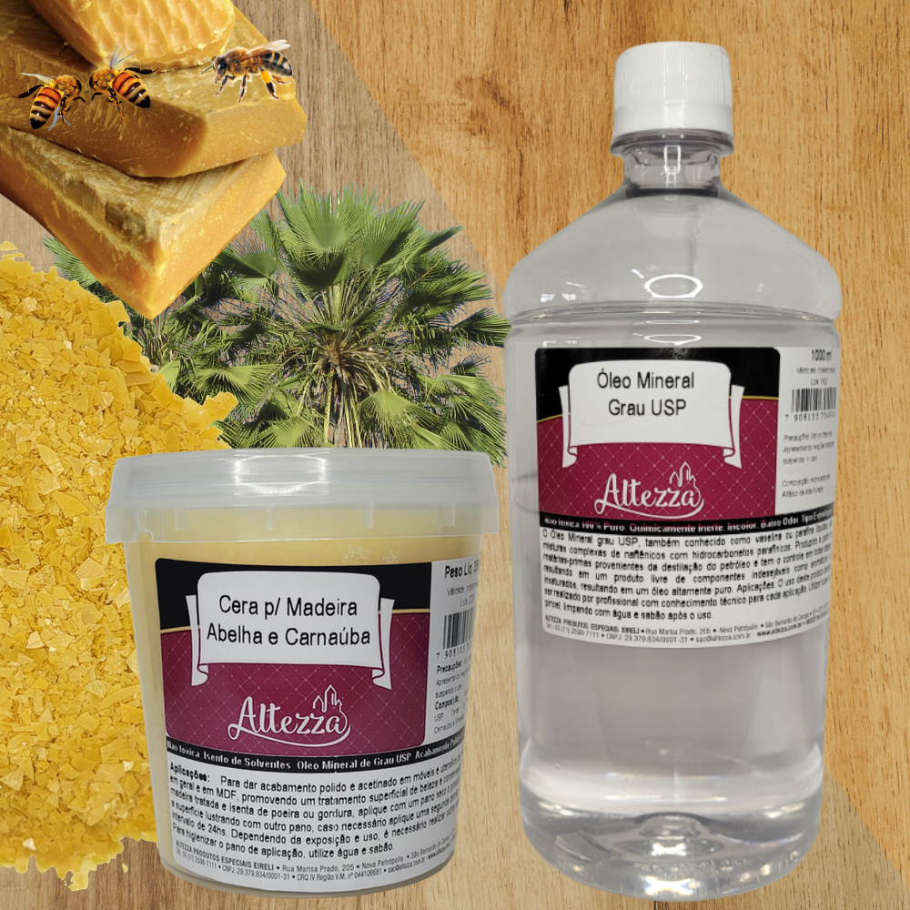 Óleo Mineral USP + Cera P/ Madeira Abelha e Carnaúba 350g P/ Tabua De Corte, Gamelas, Móveis, Pinus, Mogno, Madeiras