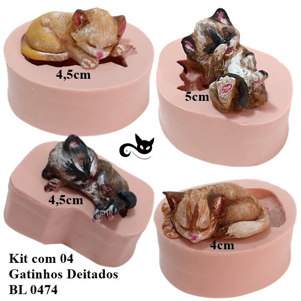 BiscuitdaLu Molde de Silicone - Kit 04 Gatinhos  Gato Cat Animais Deitados- Biscuit Resina Artesanato BL 0474