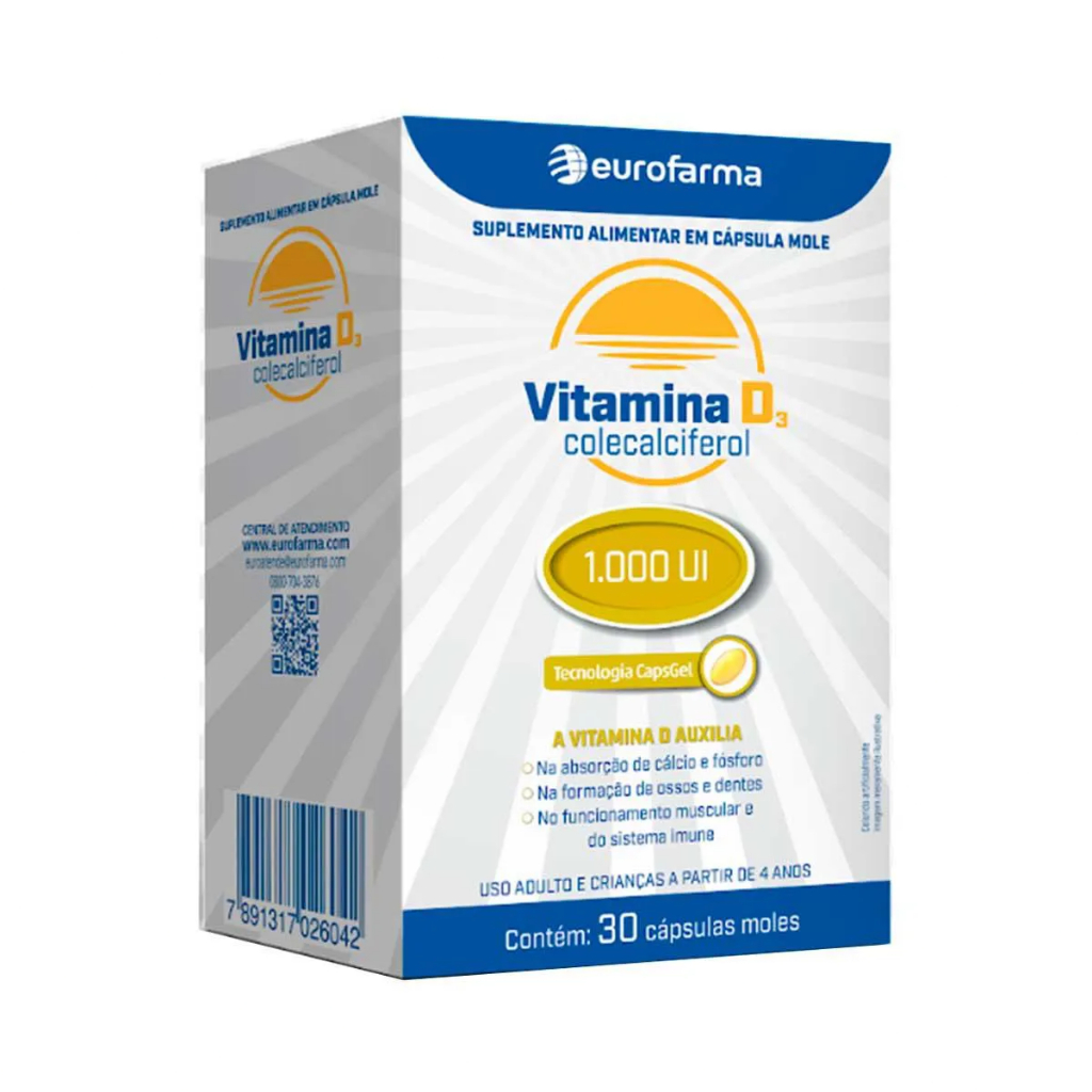 VITAMINA D3 1000UI C/30 CAPS GEL LABORATORIO EUROFARMA 1UND em Oferta na Shopee