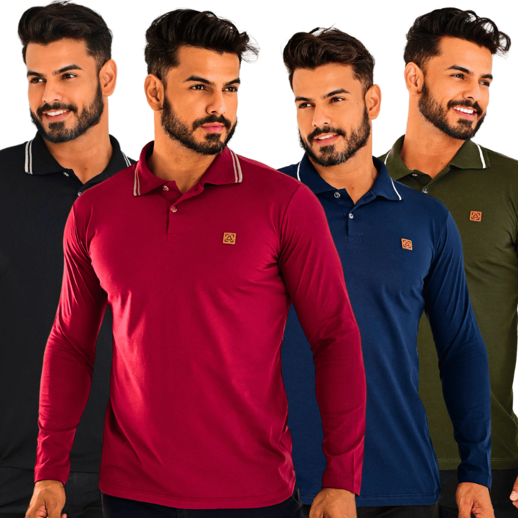 Kit 4 Camisetas Masculinas MANGA LONGA Algodão Camisa Polo Masculina Casual Uniforme Quali...