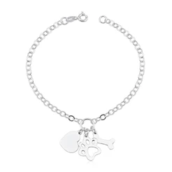 Pulseira Feminina de Prata 925 Patuá com Coração, Patinha e Osso