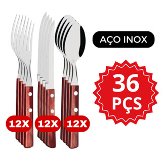 Jogo de Talher Cabo de Madeira 36 peças Aço Inox Premium 12 Facas com Ponta 12 Garfos e 12 Colheres de Mesa Wood em Oferta na Shopee