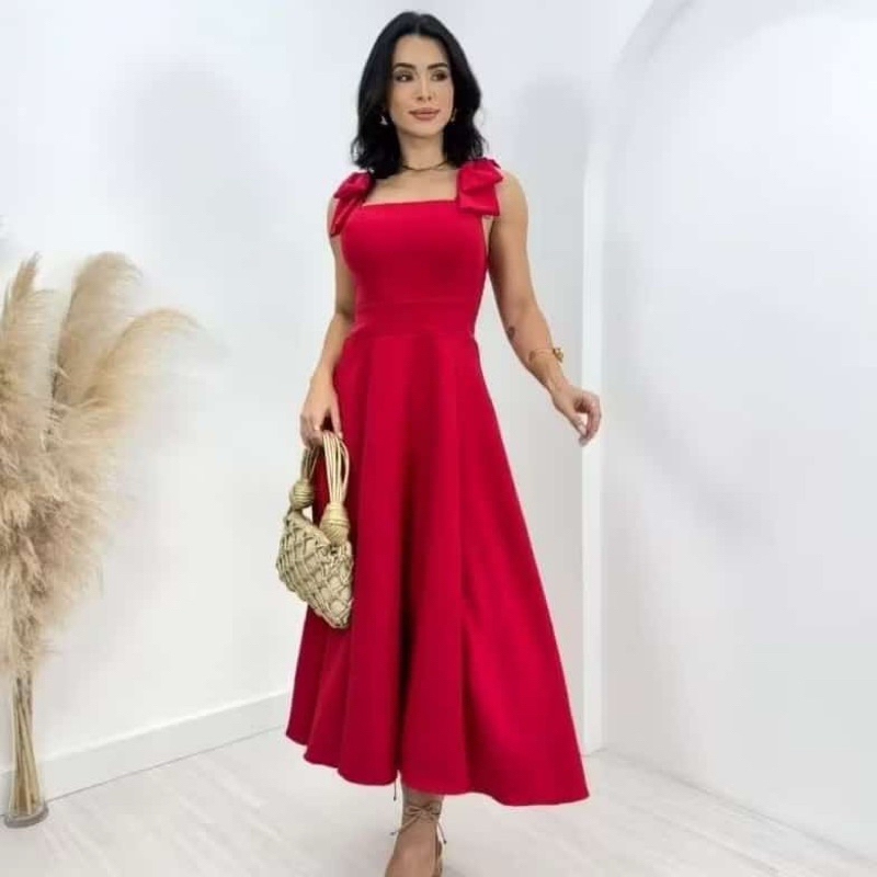vestido midi feminino duna linho com laço elegante em Oferta na Shopee