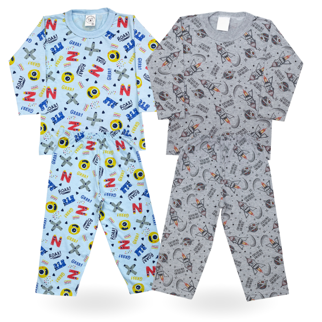 KIT 2 Conjunto Masculino Pijama Manga Longa Estampado Calça - Bebê ao Juvenil de 1-16 anos