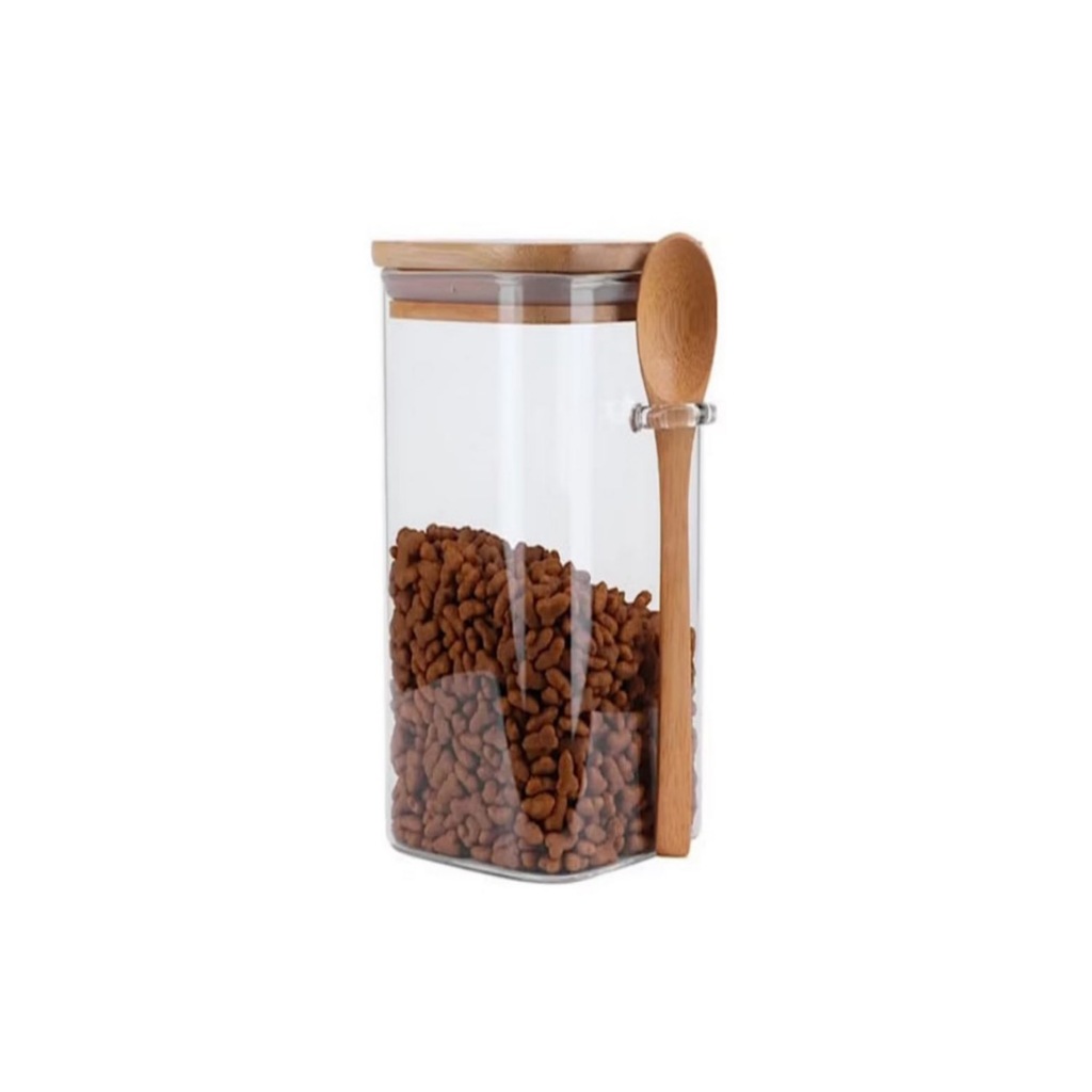 Pote Hermético de Vidro [Quadrado]  + Colher de Bambu 550ml  8cm x12cm em Oferta na Shopee