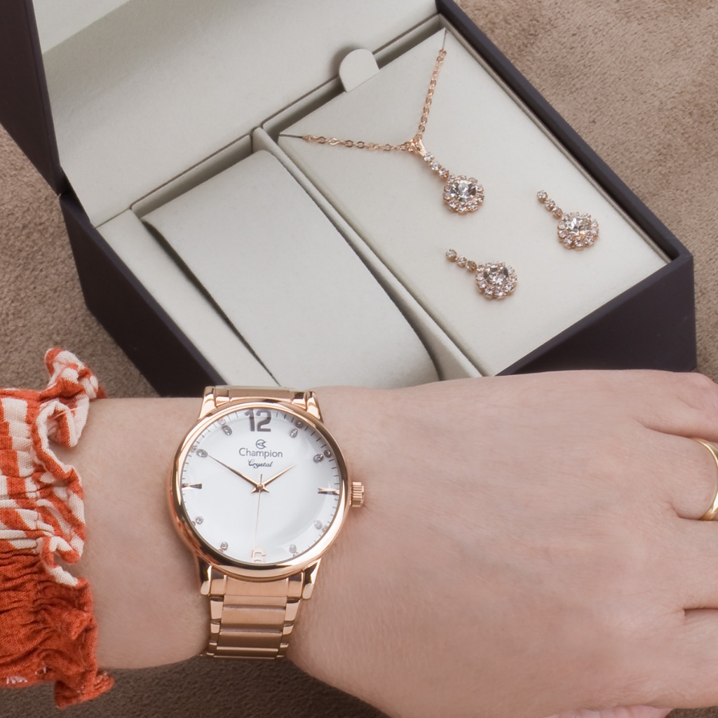 Relógio Feminino Champion Rose Gold Fundo Branco Original Kit com Colar e Brincos CN25529E Original