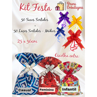 Kit 50 Sacos De Presente 25x36cm Sortidos + 50 Laços Médios Sortidos em Oferta na Shopee