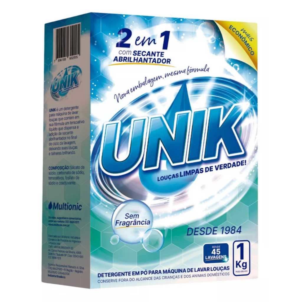 Detergente Unik Secante e Abrilhantador sem Fragrância em pó em caixa 1 kg