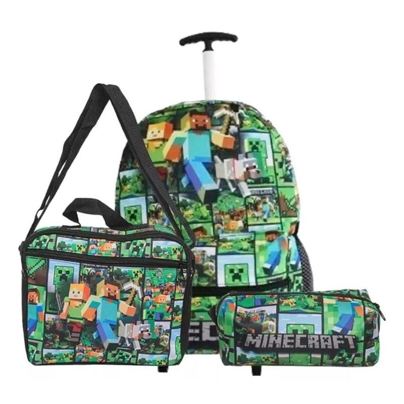 Kit Mochila escolar juvenil Minecraft Verde Juvenil  com Rodinhas, lancheira e estojo