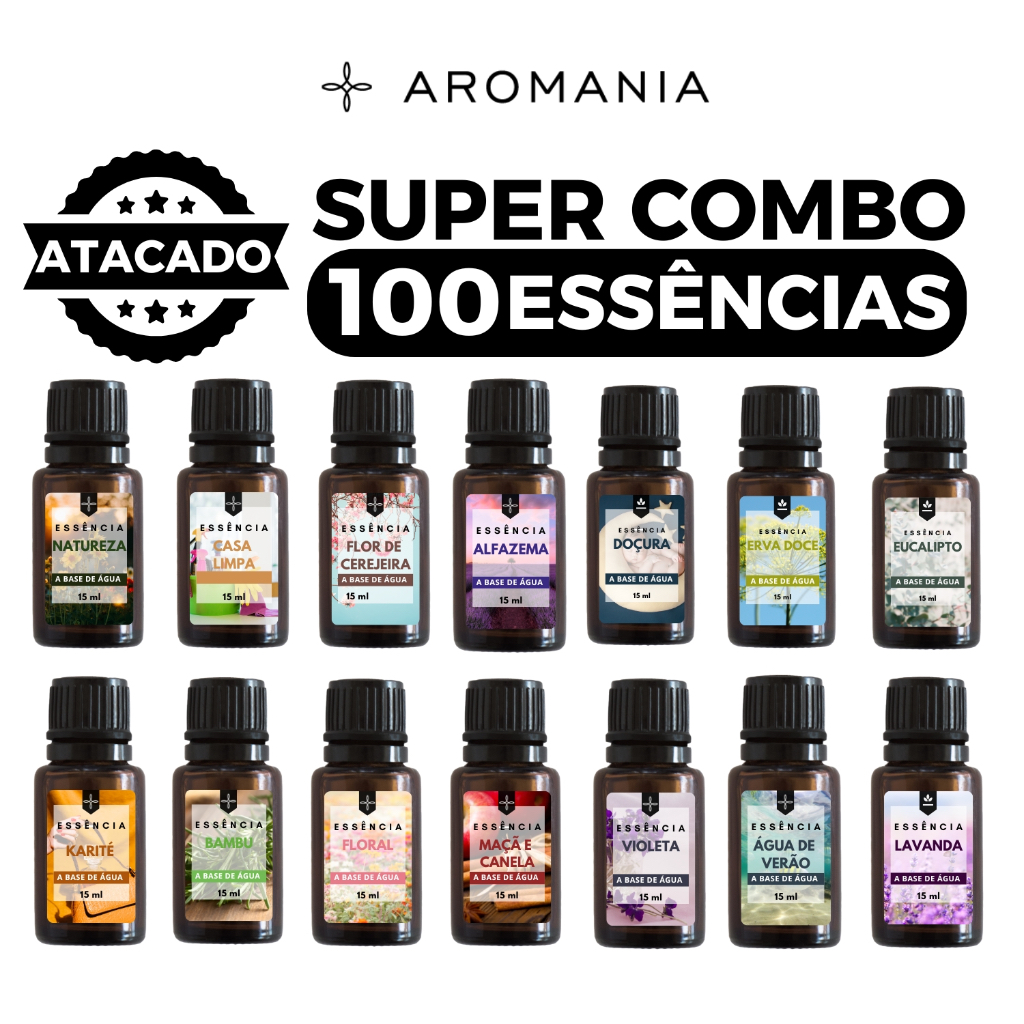 Kit 100 Essências a Base de Água Para Aromatizador Difusor Elétrico e Umidificador 15ml - Preço Atacado
