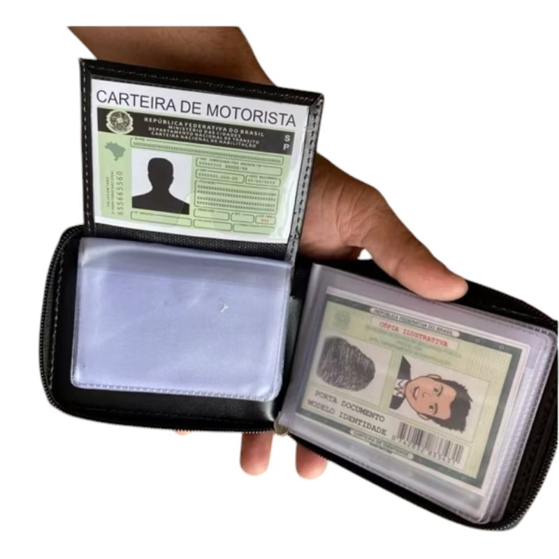 Carteira Masculina Zíper Sintética Compacta Cartões CNH Cédulas Moedas