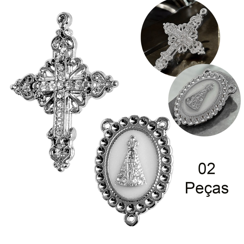 Entremeio Nossa Senhora Aparecida para terço de noiva prateado com Crucifixo com strass para terço