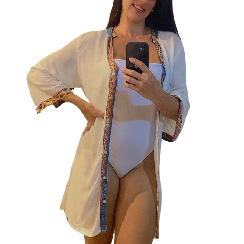 Saída de Praia Bata Chamise Branco 100% Viscose Com viés estampado Blusão Verão
