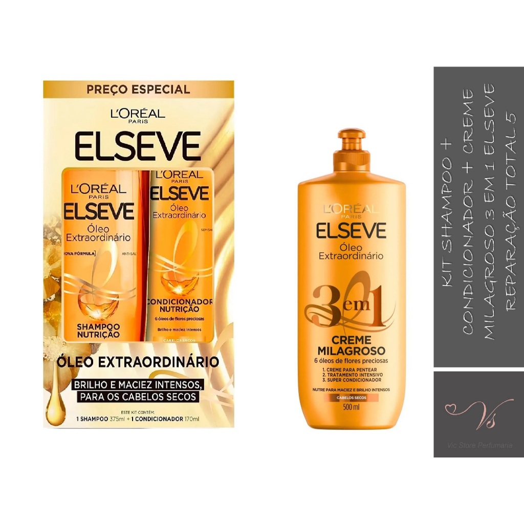 Kit Shampoo 375ml E Condicionador 170ml + Creme Milagroso 500ml Elseve Óleo Extraordinário