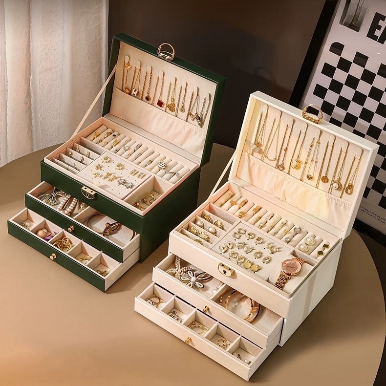 Caixa Organizadora de Joias em Couro 3 Andares Porta Joias Luxo para Colares Brincos e Anéis -Q19