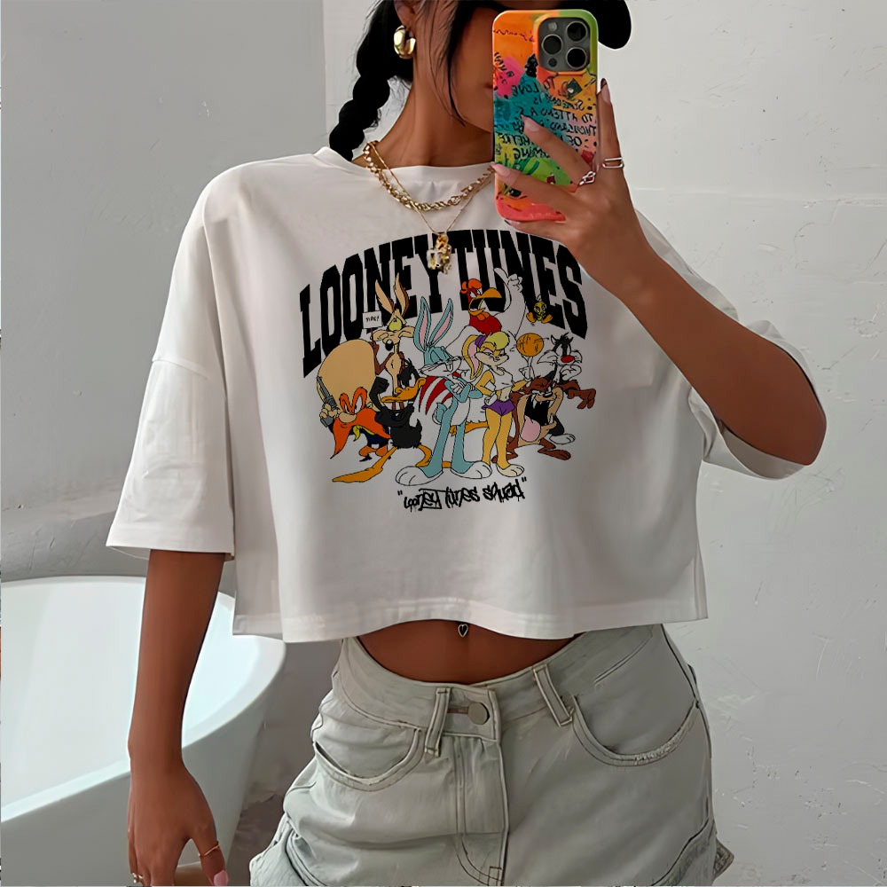 Cropped Top Algodão Oversized Estilo Unico Looney Tunes Desenho Vintage Squad Streetwear em Oferta na Shopee