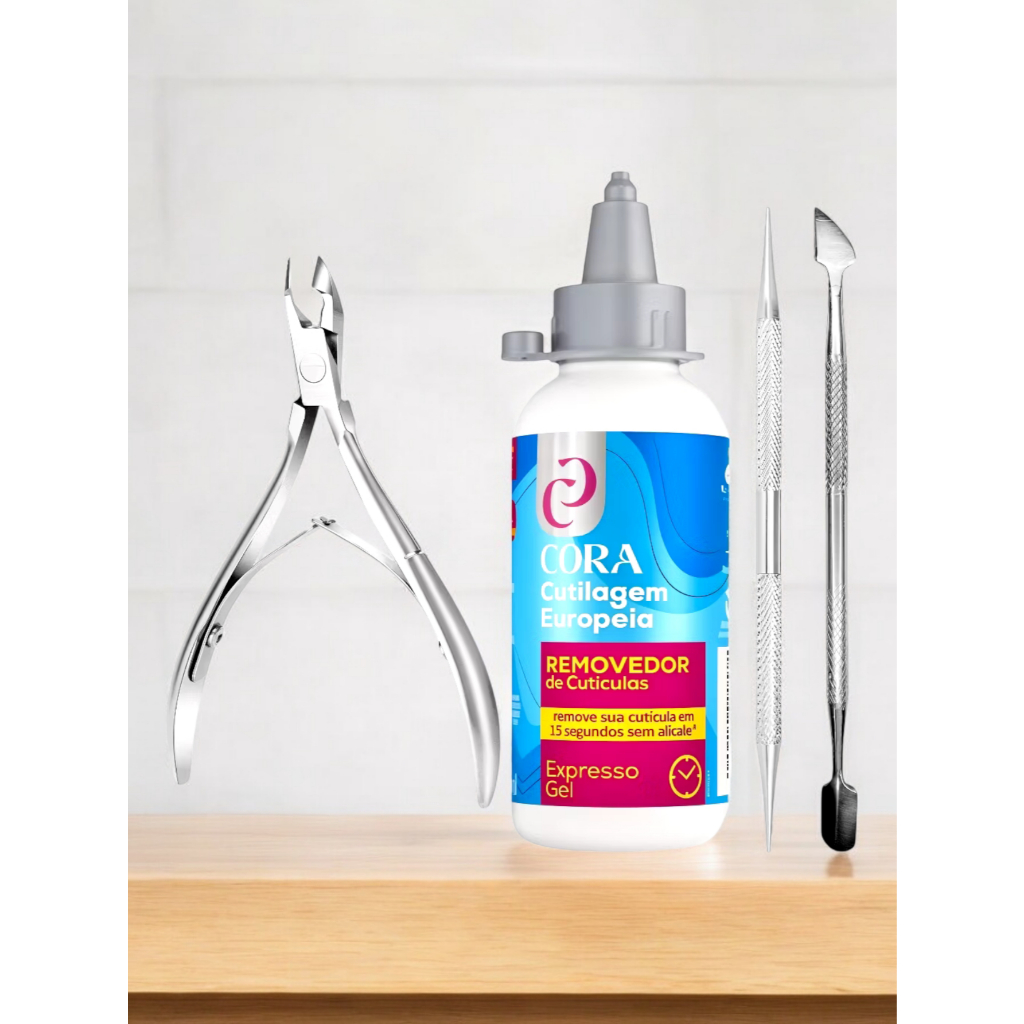 Conjunto Manicure  com 1 Removedor De Cutícula Expresso Gel Cora + 1 Alicate De Cutícula + Espátula  Ponta + Palito
