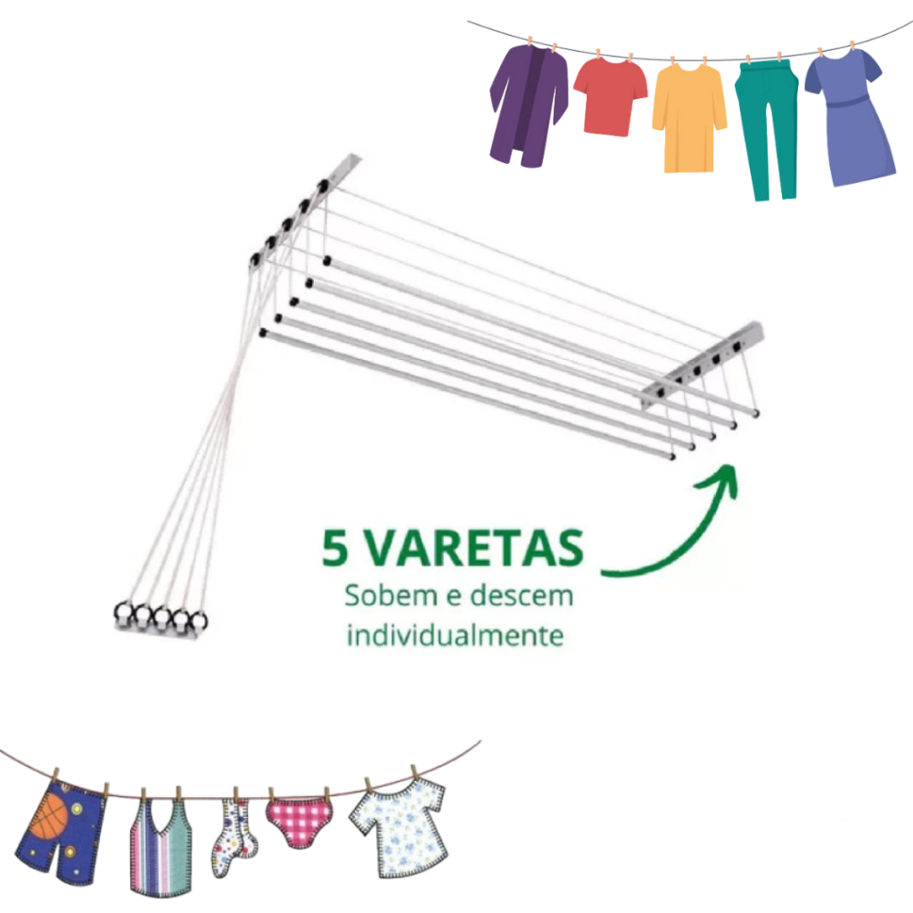 Varal de teto aço branco grande 120cm x 38cm 15kg 5 varetas resistente reforçado + kit de instalação em Oferta na Shopee