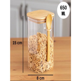 Pote Hermético de Vidro [Quadrado]  + Colher de Bambu 650ml  8cm x15cm em Oferta na Shopee