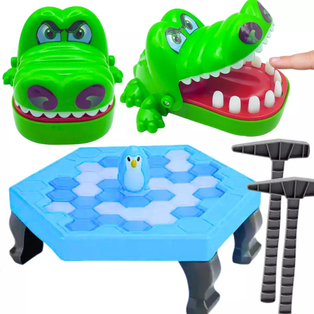 Kit jogos tabuleiros infantil pinguim quebra gelo brinquedo pegadinha crocodilo morde dedo presente menina 5 anos natal