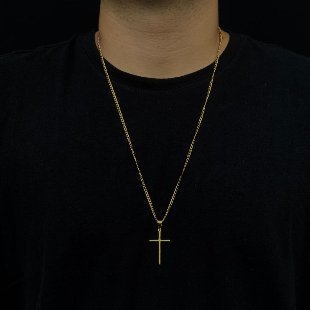 Corrente Groumet Pingente Cruz Palito Banhados a ouro 18k Cordão Groumet Masculina Crucifixo