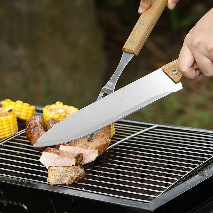 Kit Para Churrasco 5un Faca Garfo Espátula Pegador Inox Com Estojo