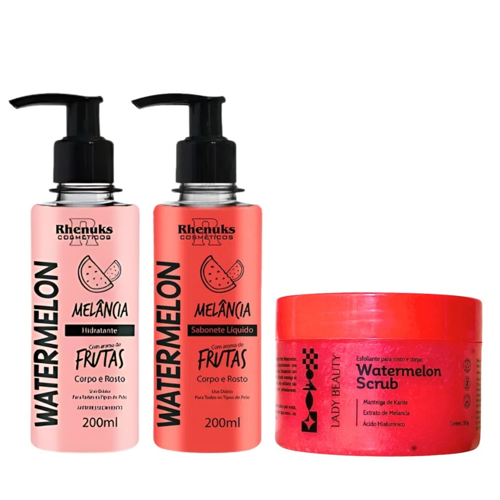 Kit Completo Melancia: Hidratante, Sabonete Liquido e Esfoliante - Corpo e Rosto em Oferta na Shopee