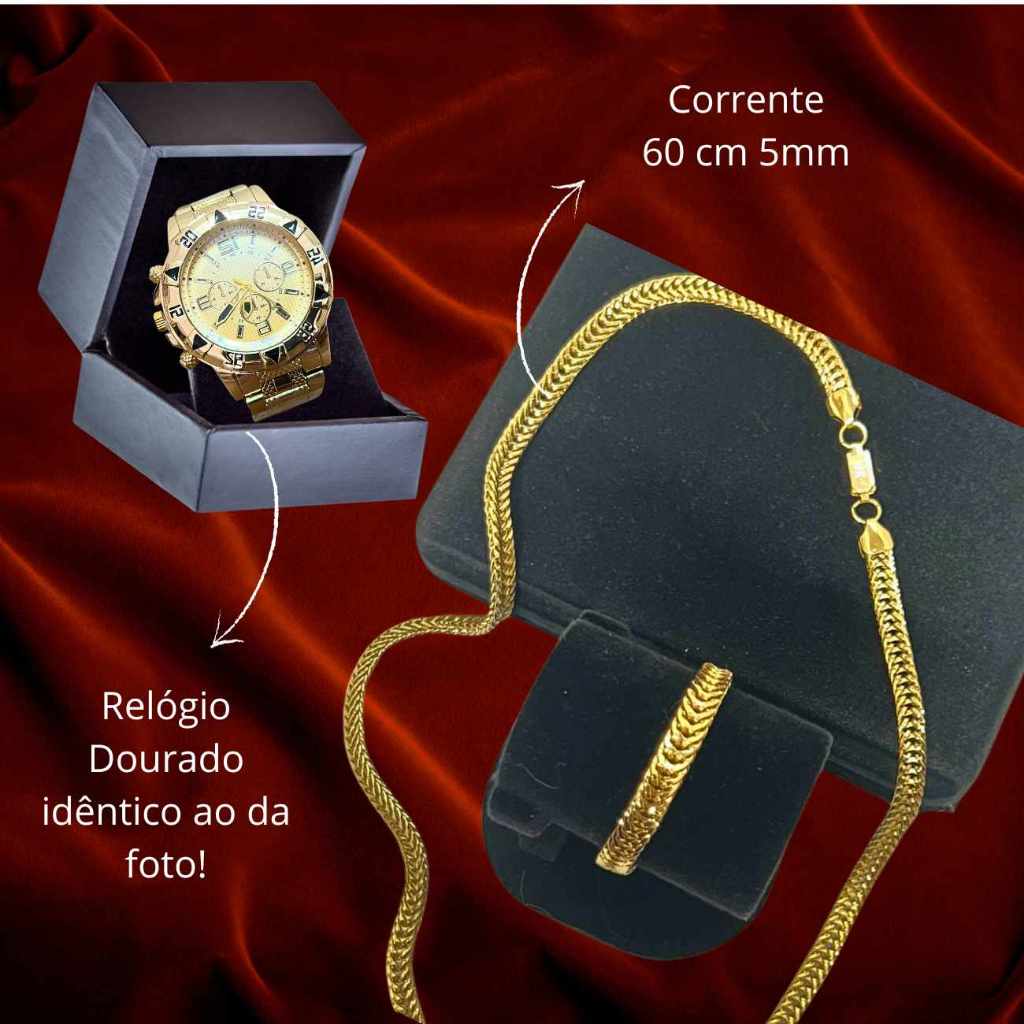 Conjunto Trio Pulseira Corrente E Relógio Kit Dourado Elo Duplo Masculino Fecho Gaveta