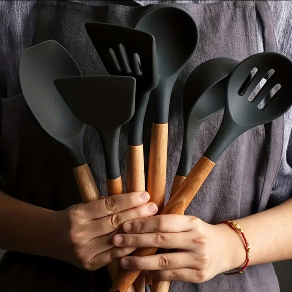 Utensílios Para Cozinha De Silicone com Cabo de Madeira Cores Tamanhos Modelos Cozinha Casa