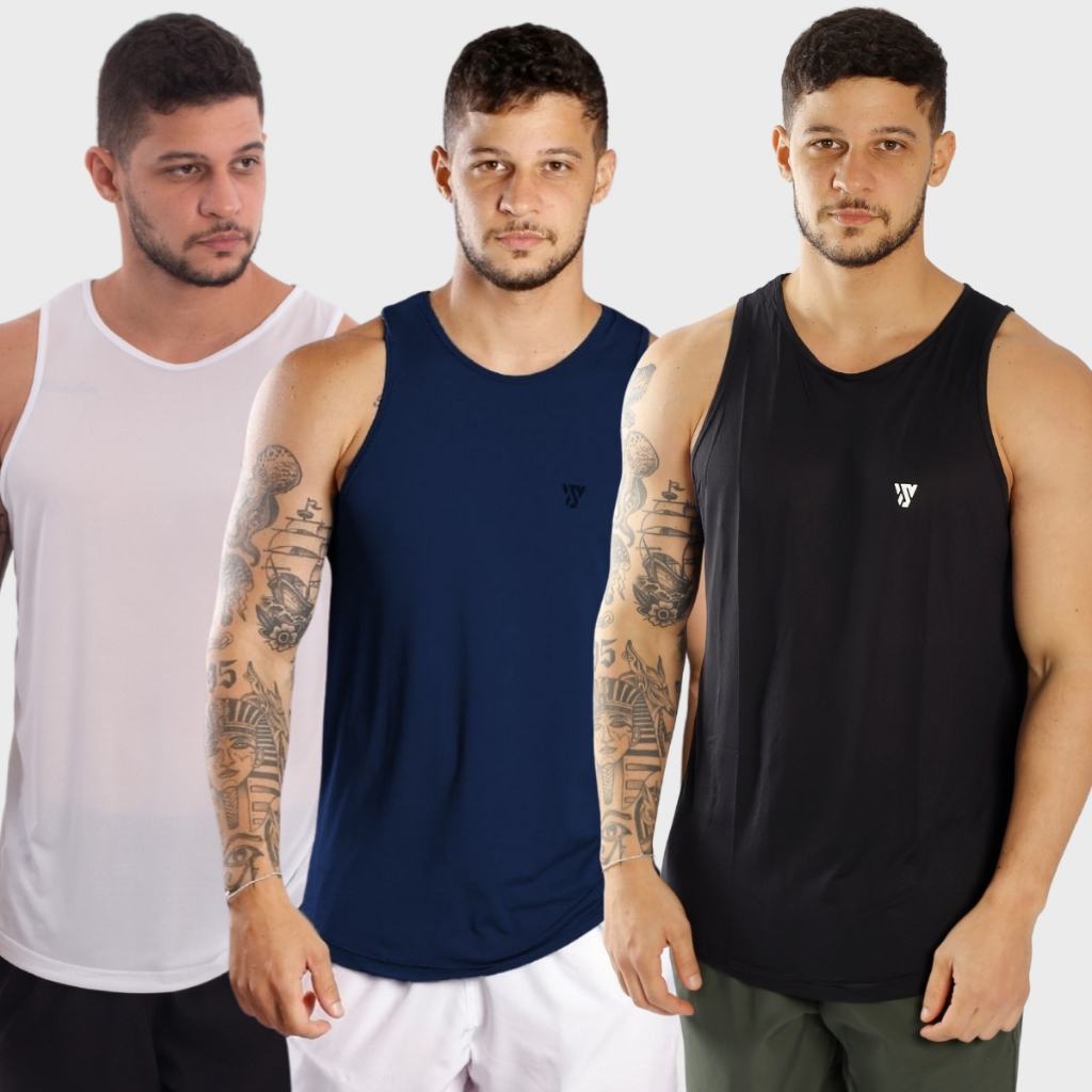 Kit 3 Camisetas Regatas Masculina Lisa Básica Academia Verão