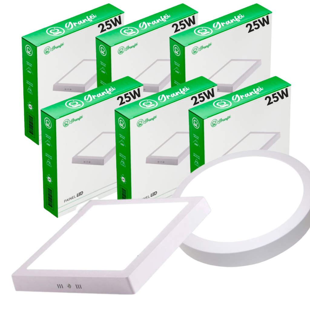 KIT 5 Luminária Painel Plafon Led 25w Sobrepor Redondo Quadrado Branco Frio (6500K) UNIFY