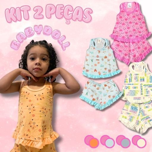 KIT 2 Pijamas Infantil Menina Verão Algodão Babydoll Infantil 1 ao 8 Estampas Sortidas
