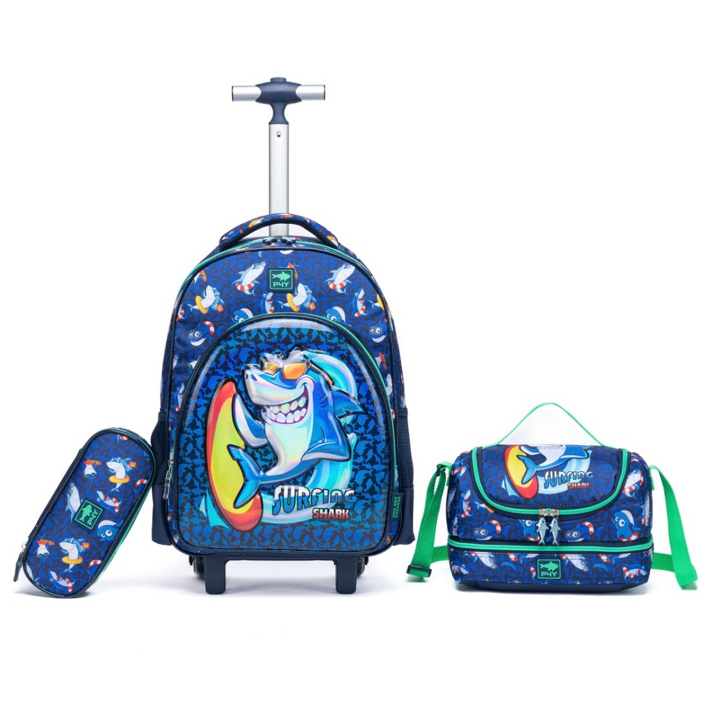 Kit Mochila Rodinhas Tubarão Infantil Menino com Lancheira Térmica Estojo Reforçada Azul em Oferta na Shopee