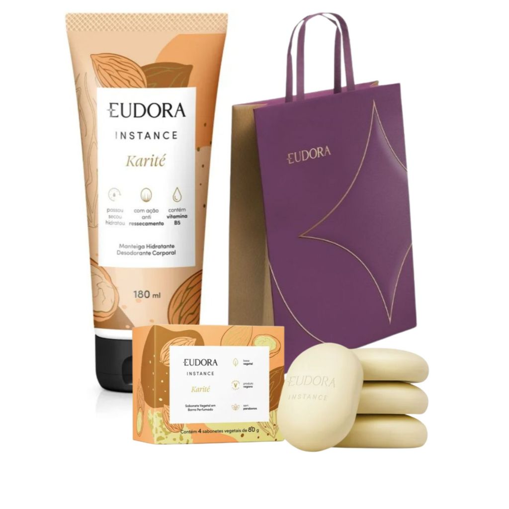 Presente barato Feminino Eudora - Kit Karite Hidratante Corporal 180ML e Sabonete Com Sacola