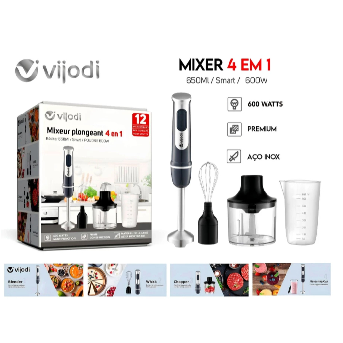 Mixer Vijodi 4 em 1 Inox Batedor Fue Miniprocessador 600w Misturador Triturador 110v ou 220v