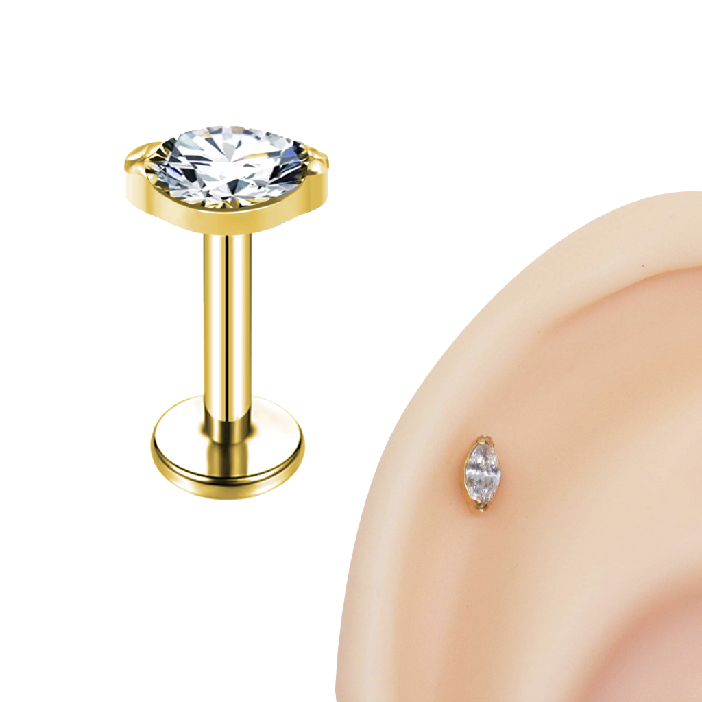 Piercing Helix Trágus Labret Titânio PVD Gold Zircônia Navete Rosca Interna