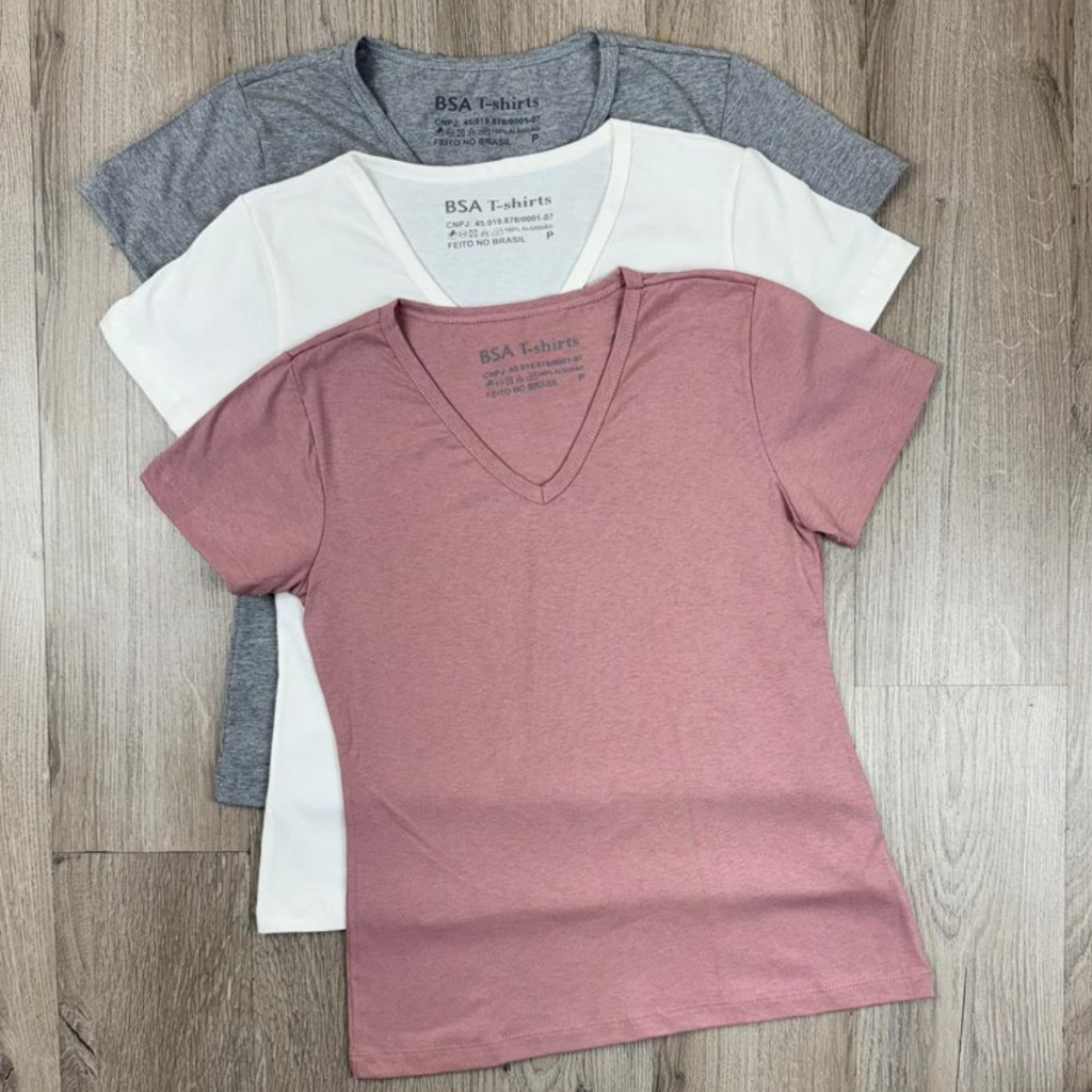 Kit 3 Camiseta Gola V Blusinha T-shirt Feminina Lisa Básica 100% Algodão