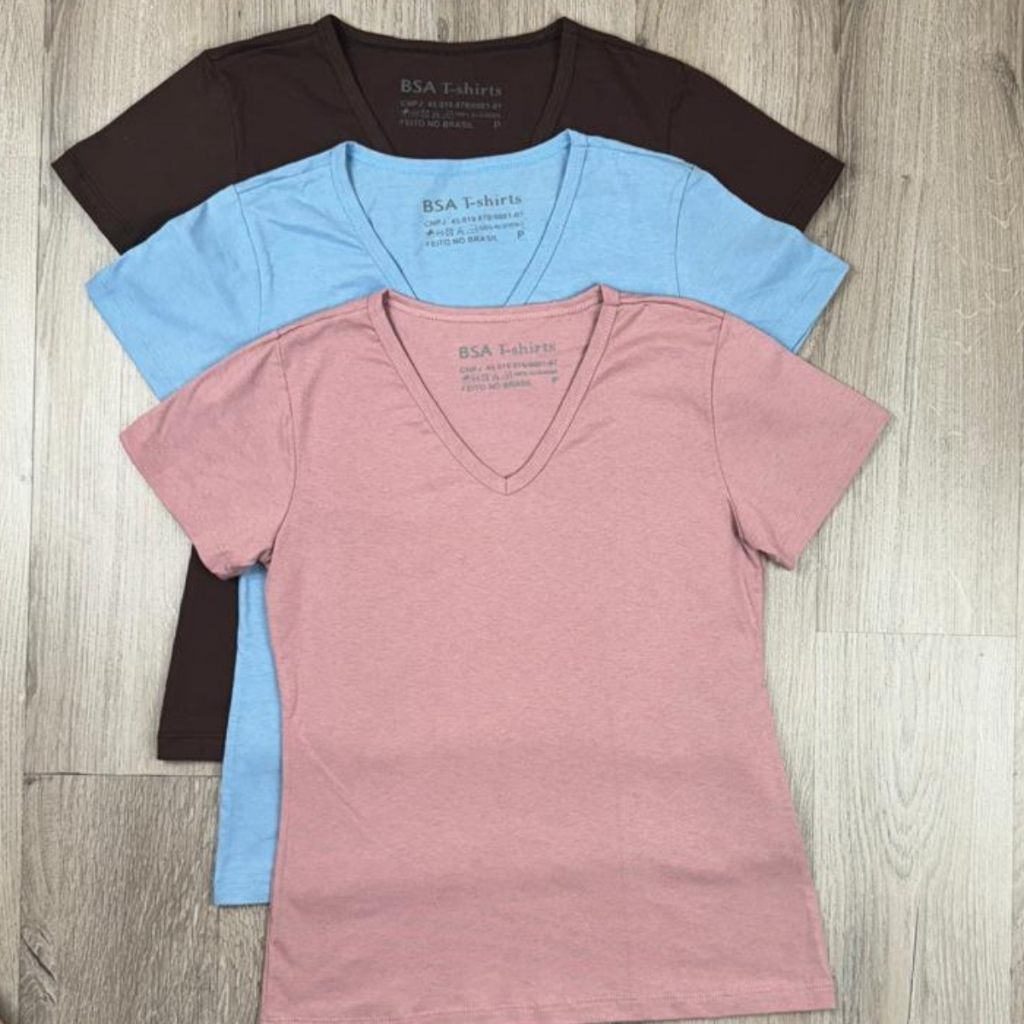 Kit 3 Camiseta T-shirt Gola V Blusinha Feminina Lisa Básica 100% Algodão