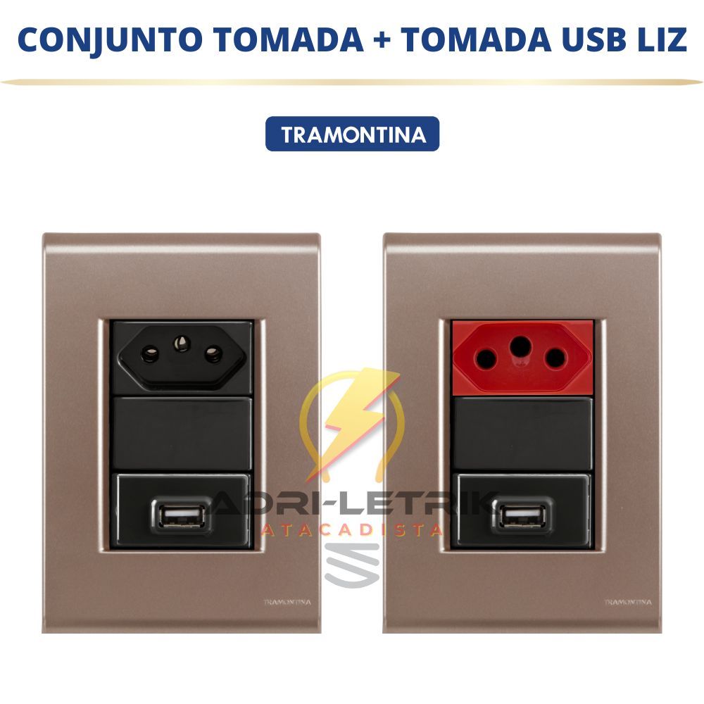 CONJUNTO TOMADA 10A, 20A 20A VERMELHA + USB LIZ OURO VELHO COM GRAFITE TRAMONTINA