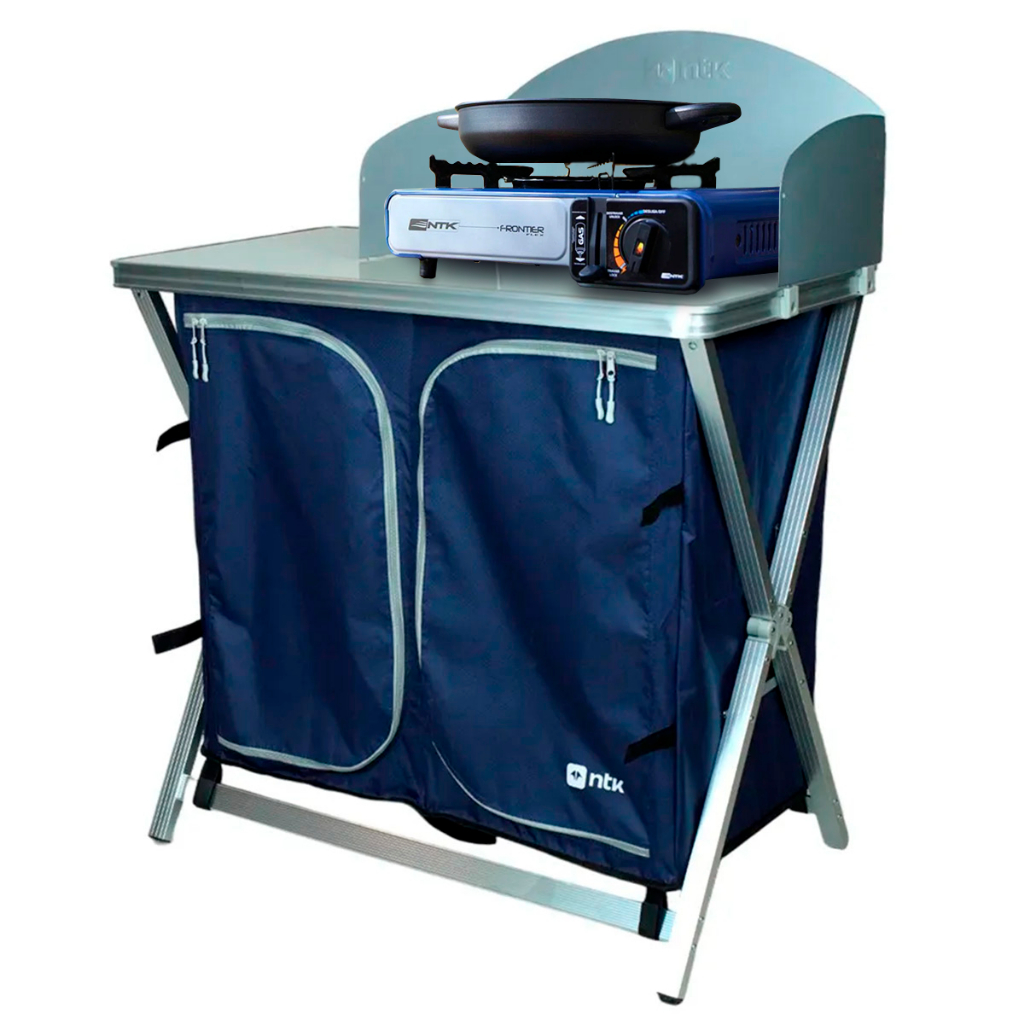 Mesa Portátil Armário Cucina + Fogareiro Diversos Modelos 1 ou 2 Queimadores Aço Inoxidável - NTK
