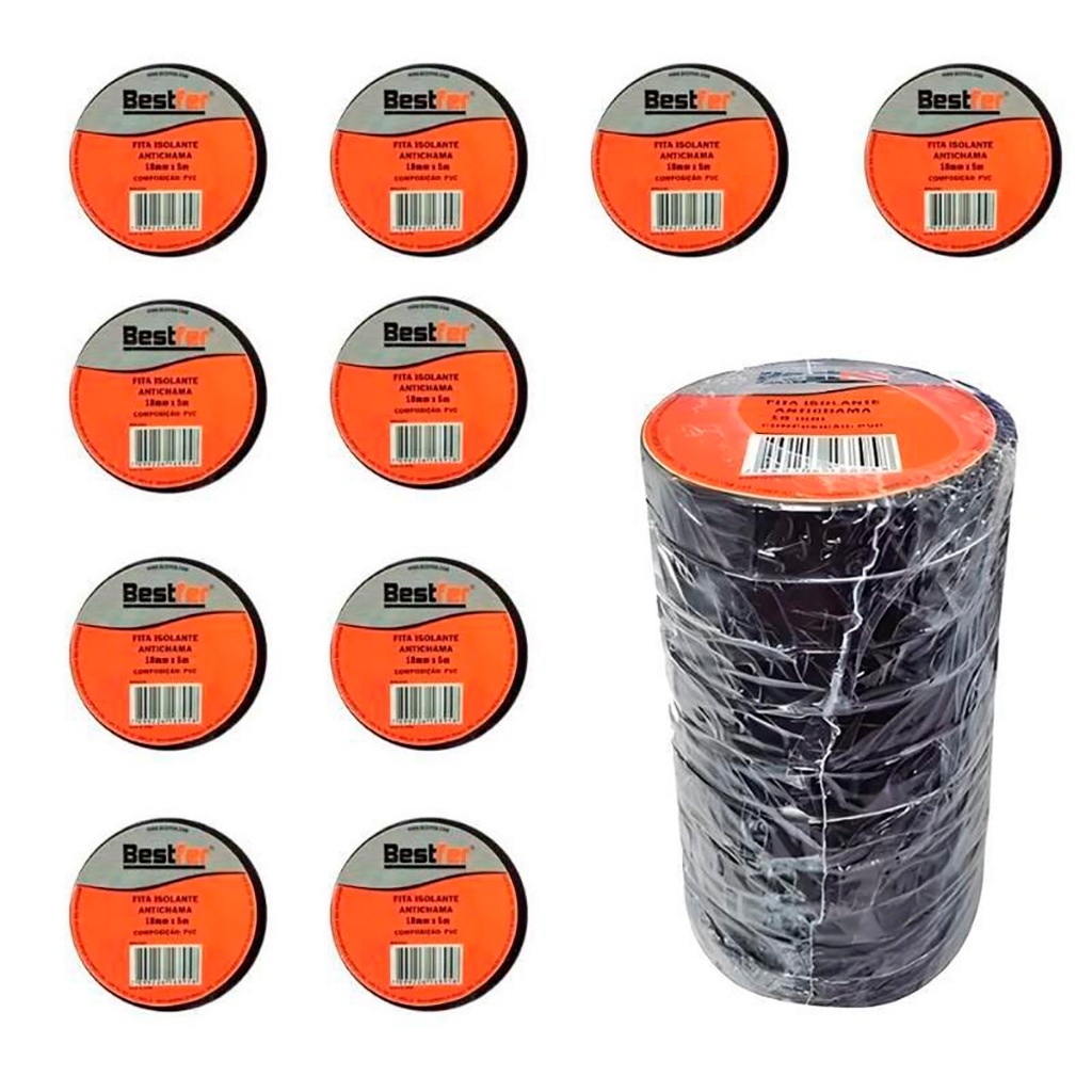 Kit Com 10 Fita Isolante Antichama Preta 5m Bestfer - Home & Living