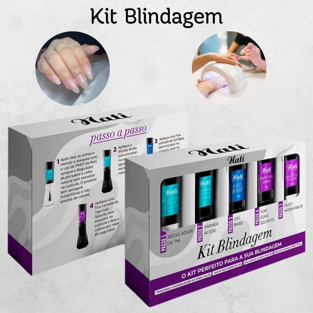 Kit Blindagem Nati Gel unhas 5 Passos Niveladora Manicure Nails Designer