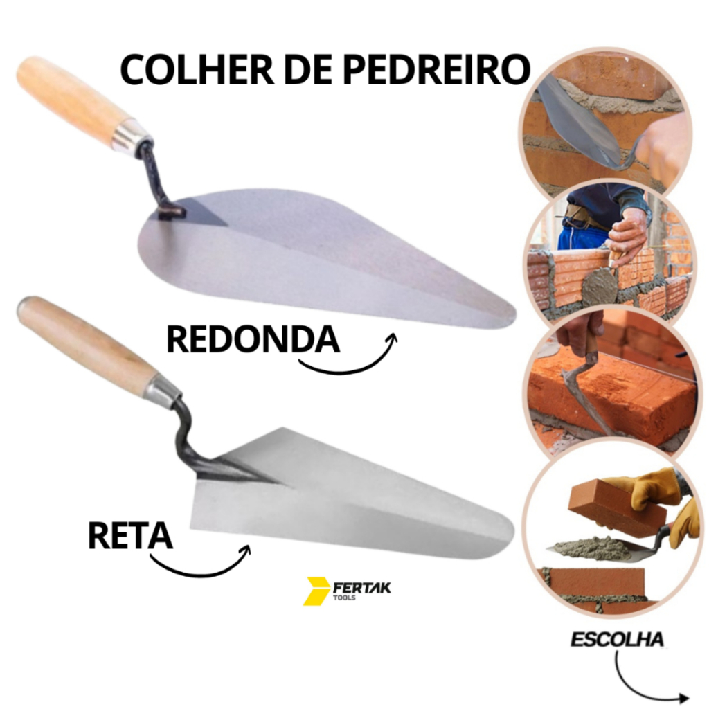 Colher de Pedreiro Canto Reto e Redondo 6" 7" 8" 9" 10" Cabo Madeira Obra Reboco Construção Fertak