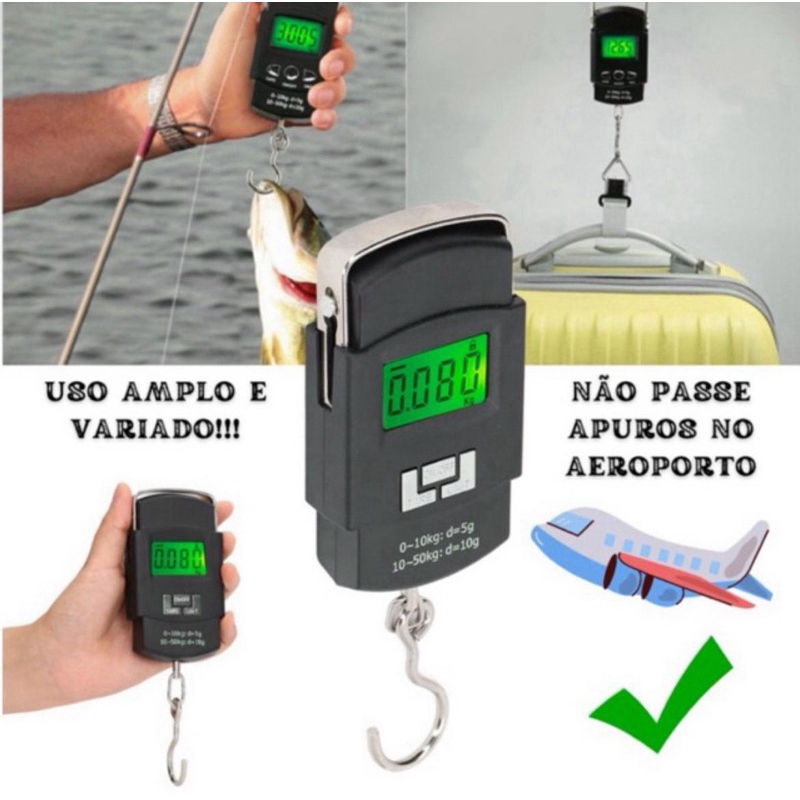 Imagem Balança Portátil Digital De Mão Gancho Para Bolsa, Mala, Peixe Até 50kg