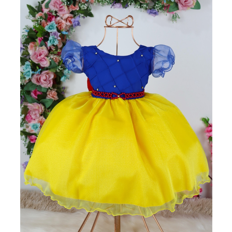 Vestido Infantil da Branca de Neve Sete Anões Festa Azul com Amarelo Aniversário Criança 1 a 4 Anos em Oferta na Shopee